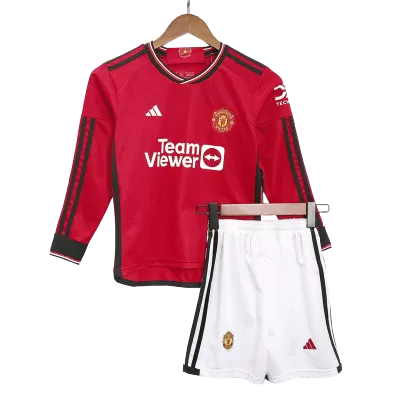 Kid's Manchester United Custom Home Soccer Kits Long Sleeve 2023/24 - soccerdiveshop